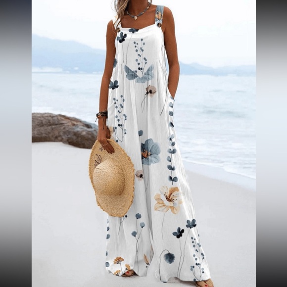 Boho Plus Size Floral Print Overall Wide Leg Jumpsuit - Picture 1 of 7